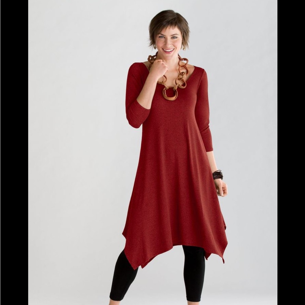 F.H Clothing Co. Red Dress Midi Dress High-Low Sides 3/4 Sleeves Scoop Neck